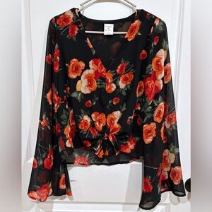 By Together Black Floral Blouse V Neck Tie Front‎ Bell Sleeve Small Date Night